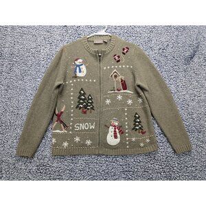 VTG Croft & Barrow Cardigan Womens S Winter Snowman Xmas Cottagecore Grandma Zip